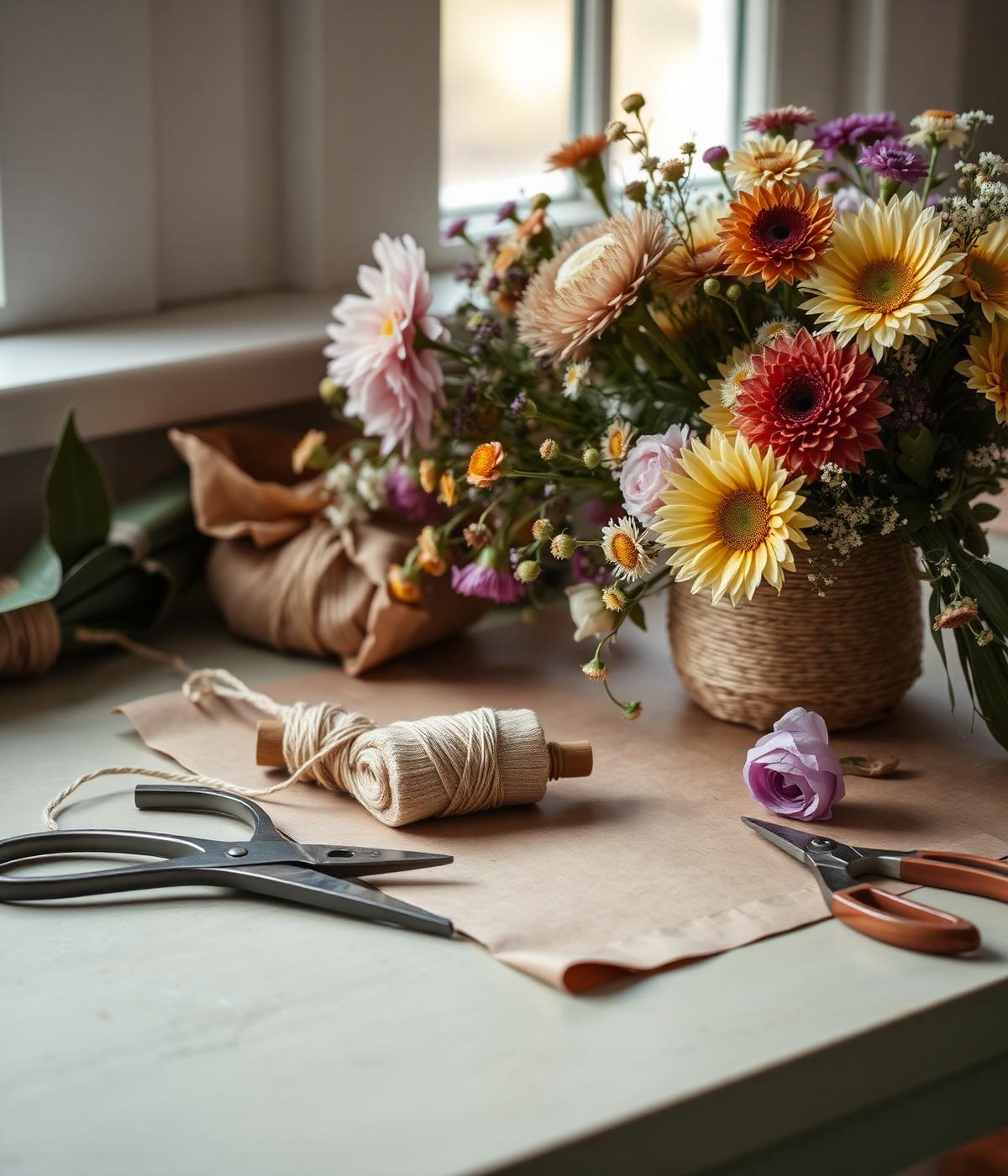 Florist workbench with seasonal flowers, twine and secateurs in soft window light